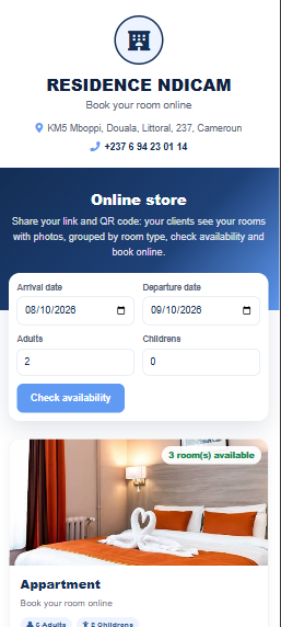 Boutique de r&eacute;servation en ligne KeeMatch d'une r&eacute;sidence : s&eacute;lection des dates et des voyageurs, bouton v&eacute;rifier la disponibilit&eacute; et chambres disponibles